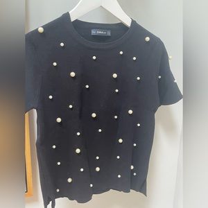 Zara Knit Pearl Studded Sweater, Black, Size S